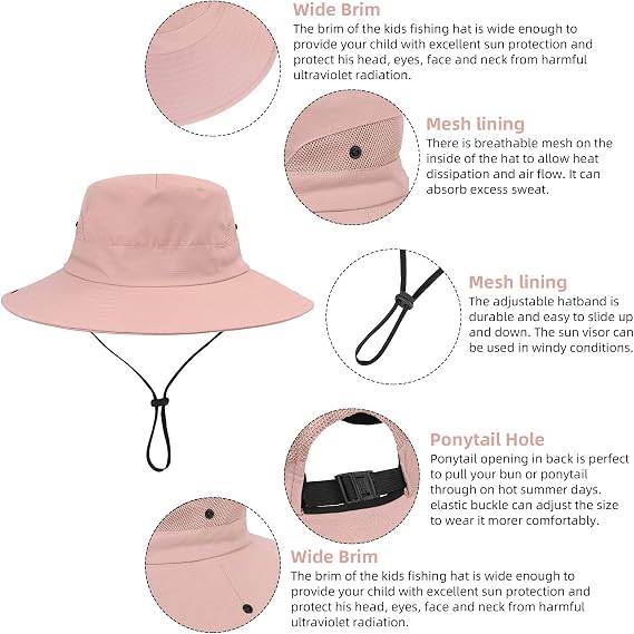 Girls Wide Brim Sun Hat with Ponytail Hole