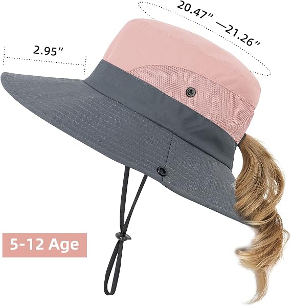Girls Wide Brim Sun Hat with Ponytail Hole