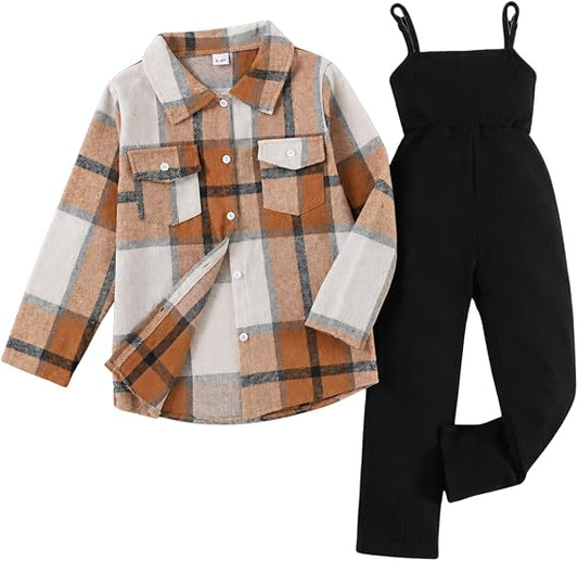 OLMRJKD Girls Plaid Shirt & Corduroy Jumpsuit Set