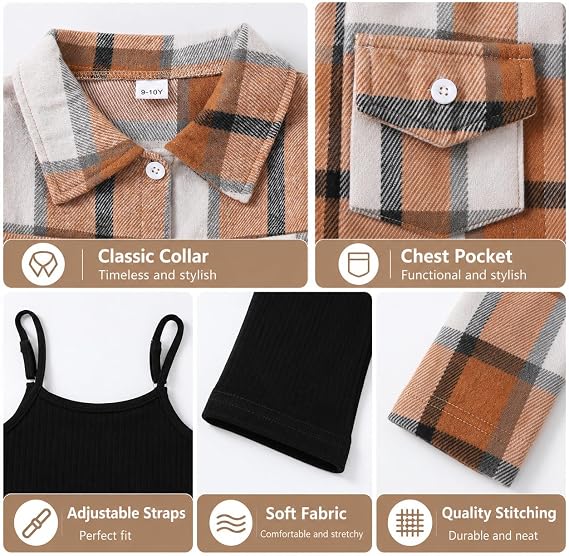 OLMRJKD Girls Plaid Shirt & Corduroy Jumpsuit Set