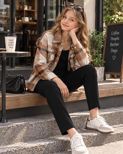OLMRJKD Girls Plaid Shirt & Corduroy Jumpsuit Set