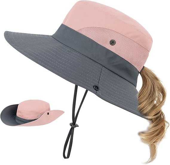 Girls Wide Brim Sun Hat with Ponytail Hole