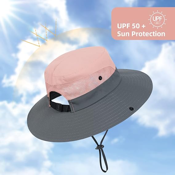 Girls Wide Brim Sun Hat with Ponytail Hole